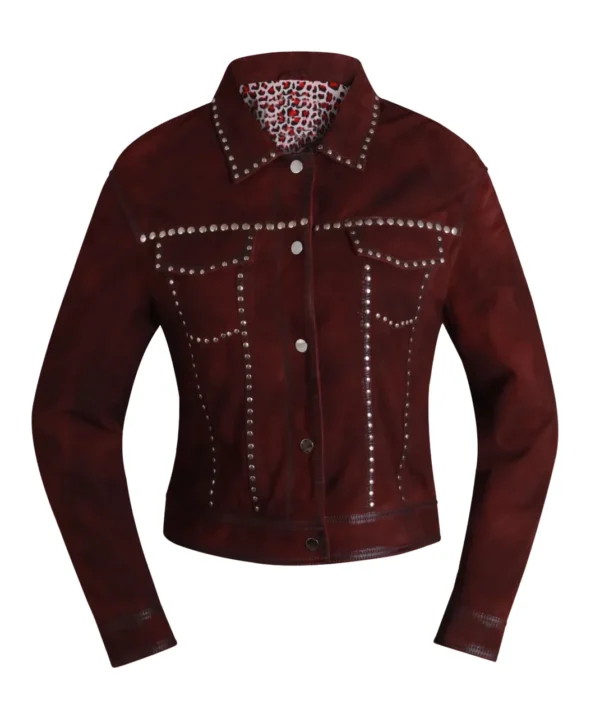 Women's Suede Studded Jacket in Deep Burgundy
