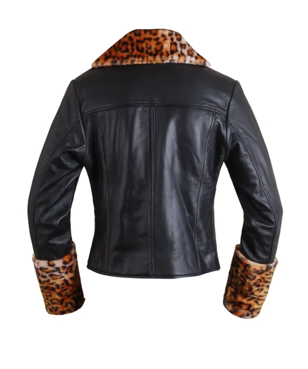 Women's Faux Leather Jacket with Leopard Print Collar - Image 2