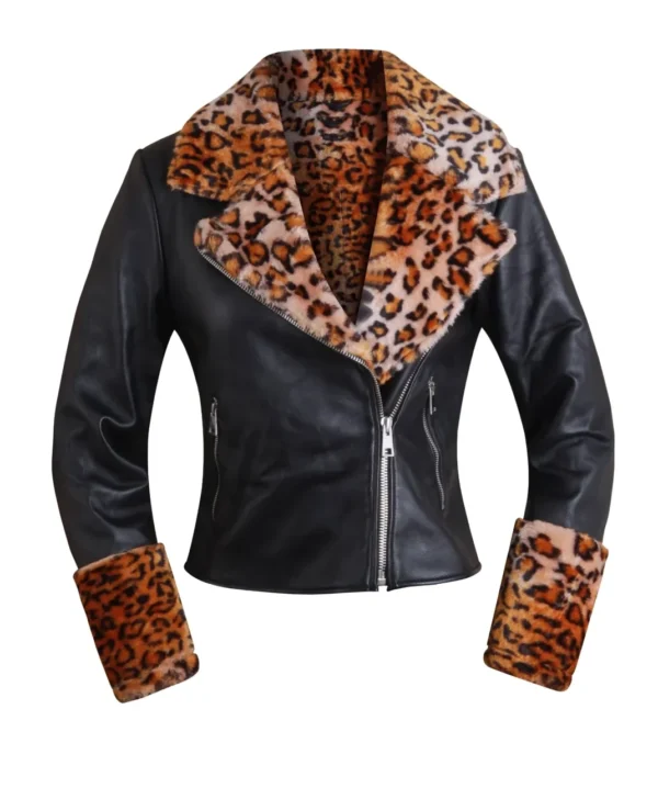 Women's Faux Leather Jacket with Leopard Print Collar