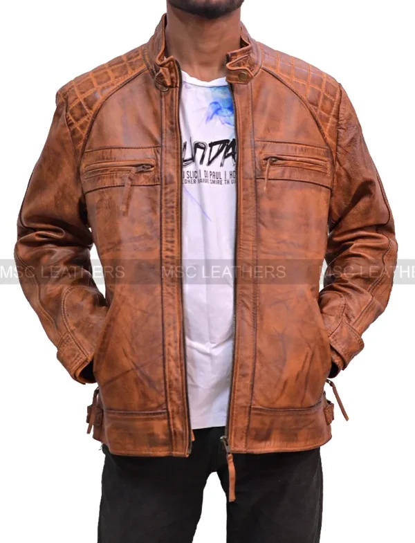 David Beckham Distressed Vintage Biker Motorcycle Mens Cafe Racer Leather Jacket - Image 3