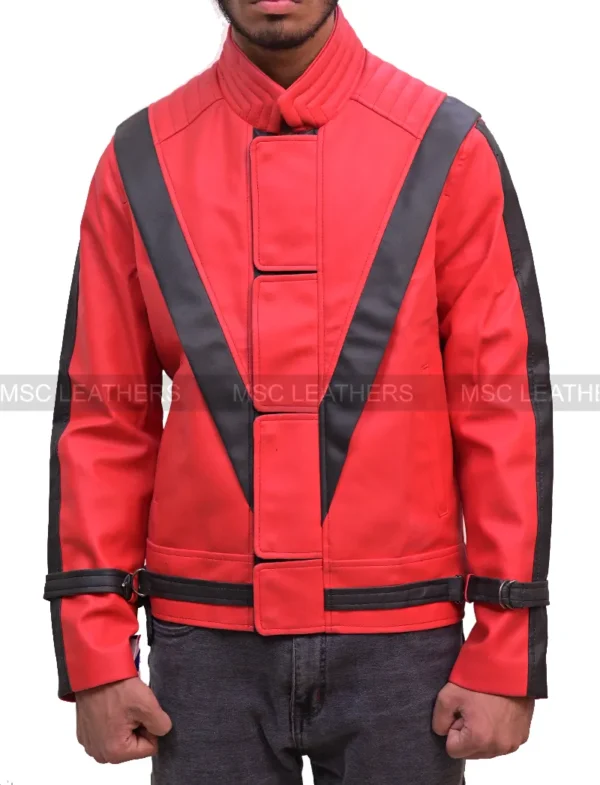 Men's Thriller Michael Jackson Real Leather Biker Retro Red Jacket