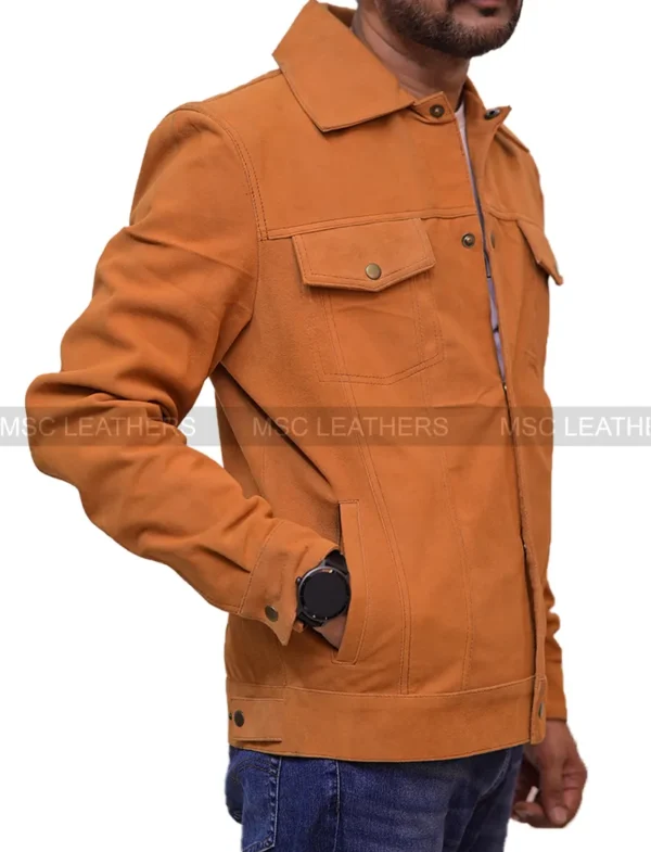 Men's Brown Suede Leather Jacket Slim fit Biker Motorcycle Jacket - Image 3
