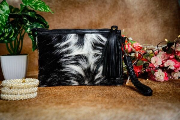 Natural Cow Hairon & Cognac Waxy Leather Pouch with Wristlet - Image 3