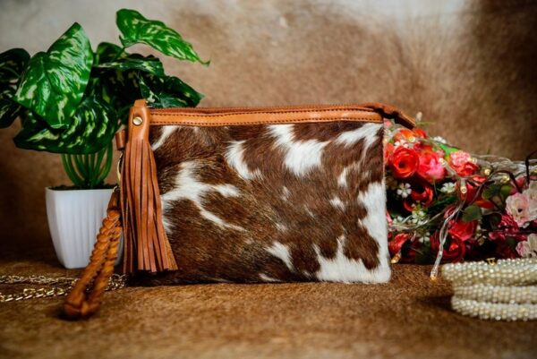 Natural Cow Hairon & Cognac Waxy Leather Pouch with Wristlet
