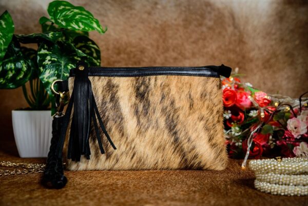 Natural Cow Hairon & Cognac Waxy Leather Pouch with Wristlet - Image 2