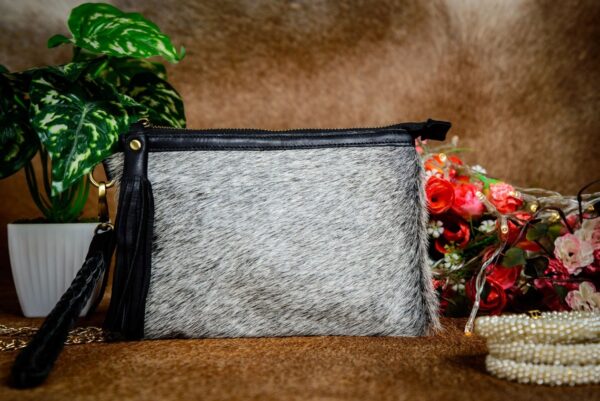 Natural Cow Hairon & Cognac Waxy Leather Pouch with Wristlet - Image 4