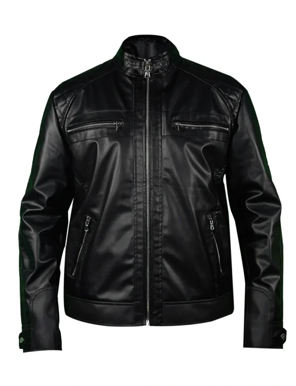 Men's Black Biker Leather Jacket with Zipper Detailing