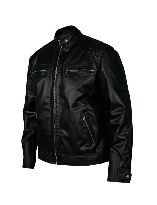 Men's Black Biker Leather Jacket with Zipper Detailing - Image 5