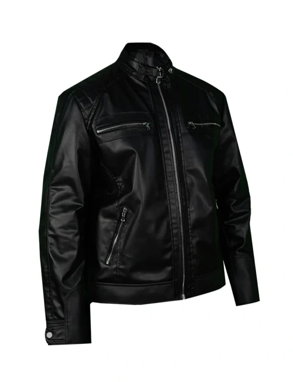 Men's Black Biker Leather Jacket with Zipper Detailing - Image 4