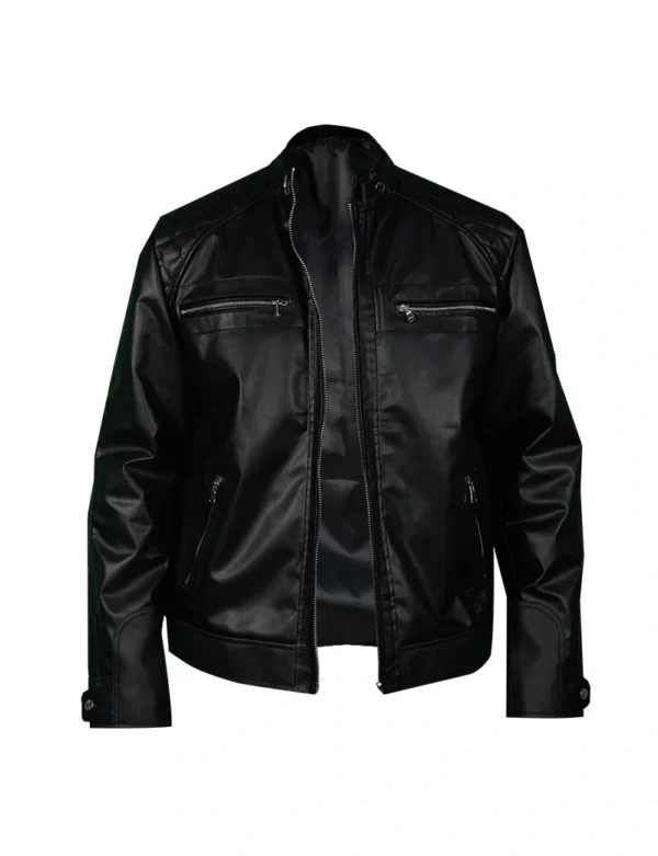 Men's Black Biker Leather Jacket with Zipper Detailing - Image 2