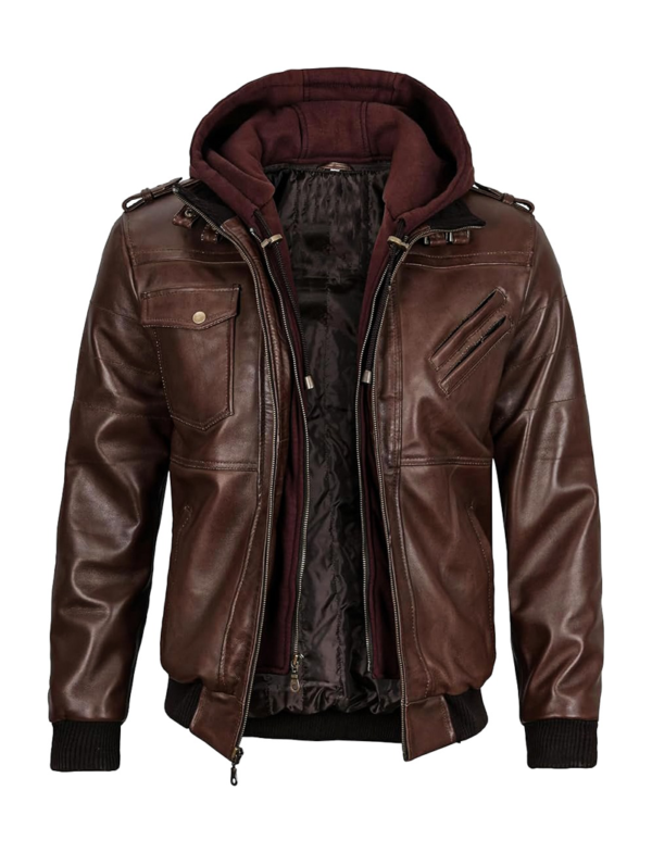 Men's Brown Hooded Leather Jacket